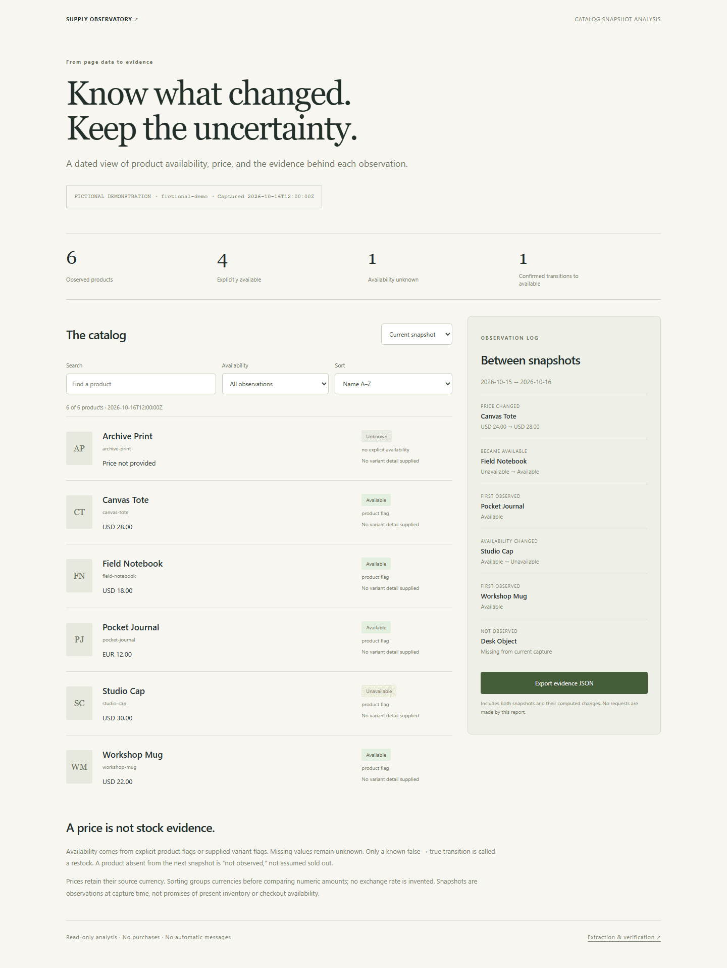 Catalog evidence observatory: verified application screenshot