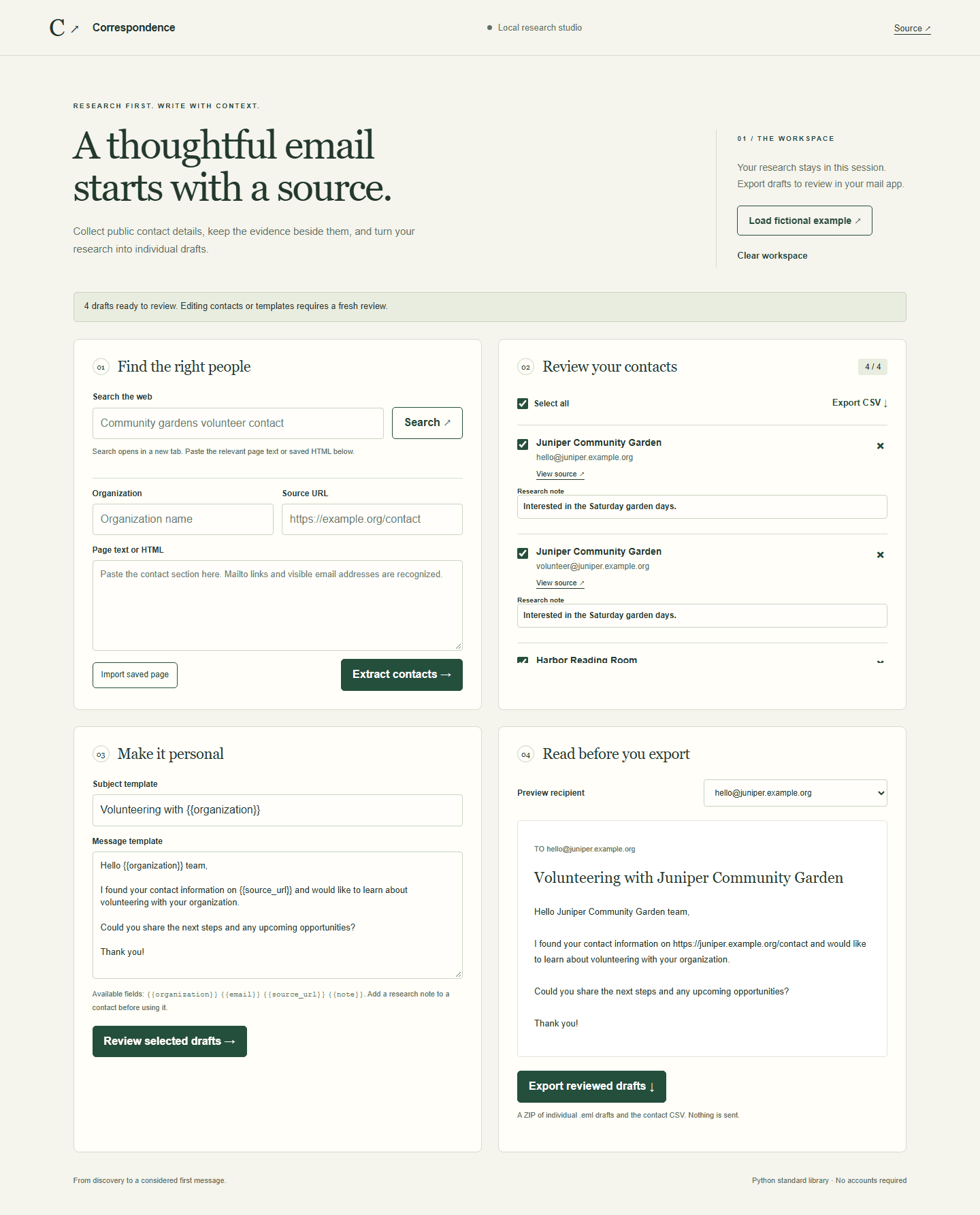Correspondence research studio: verified application screenshot