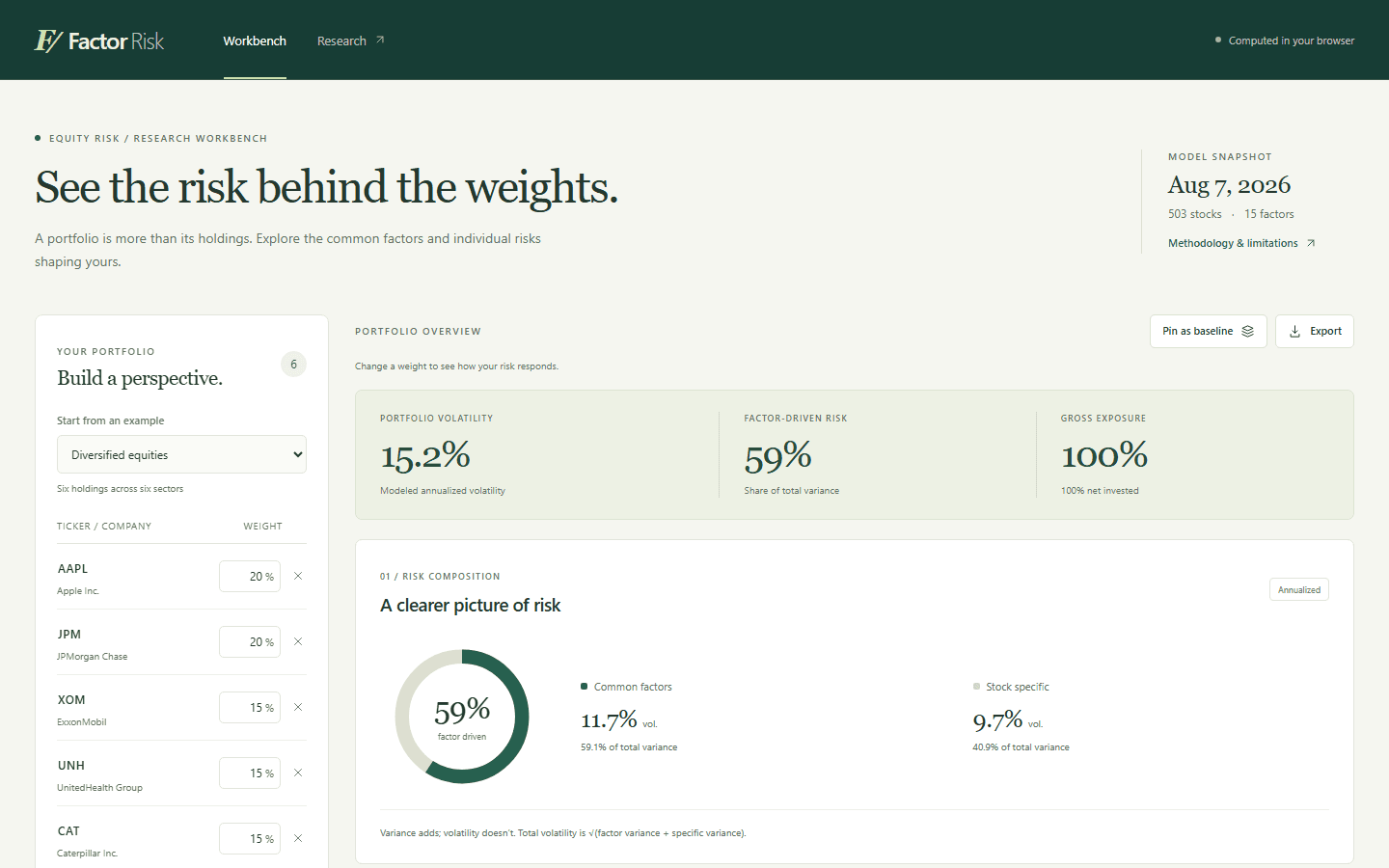 Equity factor risk model interface with example inputs and results