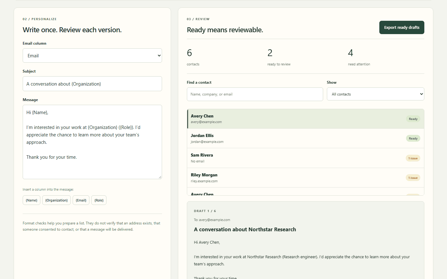 Row2Reach contact studio interface with example inputs and results